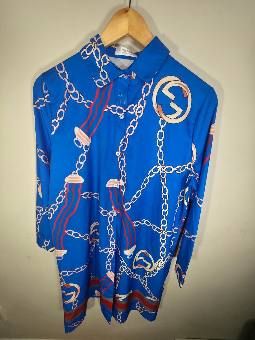 AMBERGER Women's Blue Chain Print Long Sleeve Button Up Tunic Shirt 25" P2P